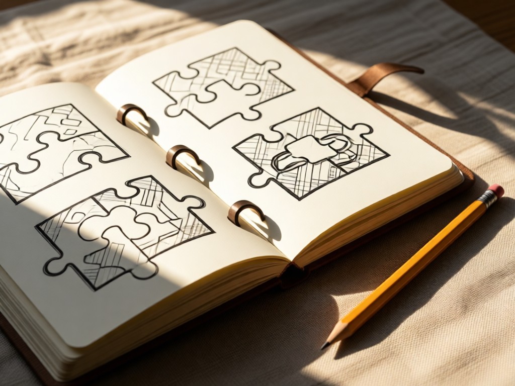 A close-up of hands-free pages from a notebook featuring hand-drawn puzzle diagrams. A pencil rests beside it on a textured fabric surface. Morning light creates gentle contrasts. No people.