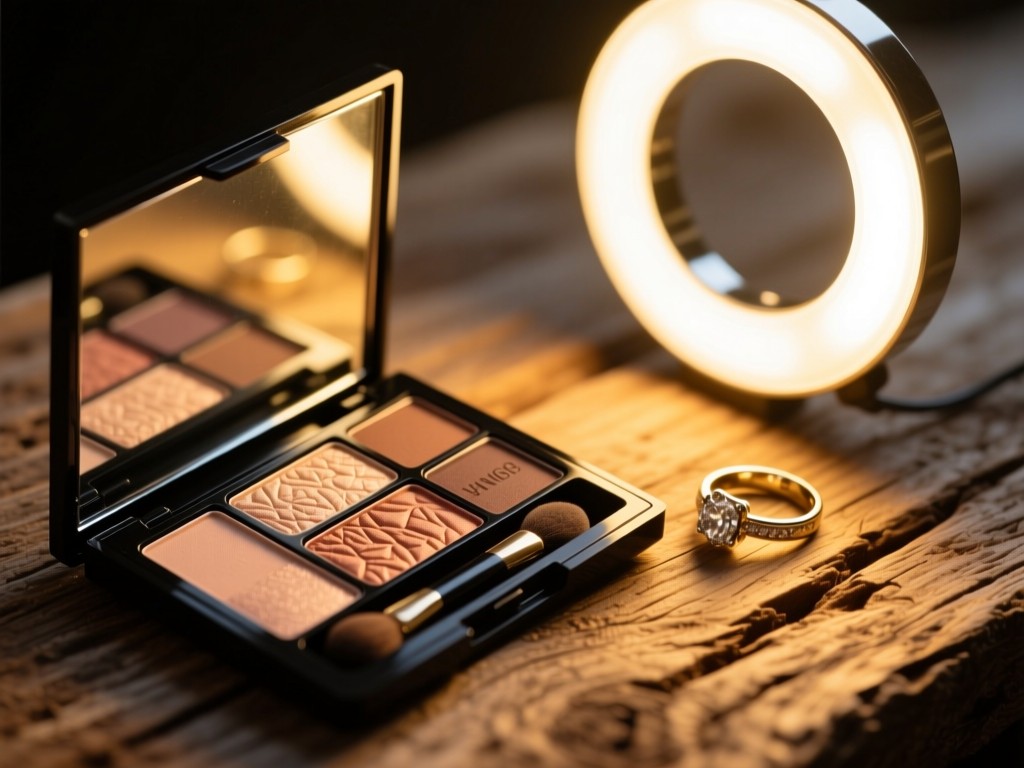 An open makeup palette beside a ring light on a rustic wood surface, golden hour glow highlighting pigment textures, shallow depth, no visible text.