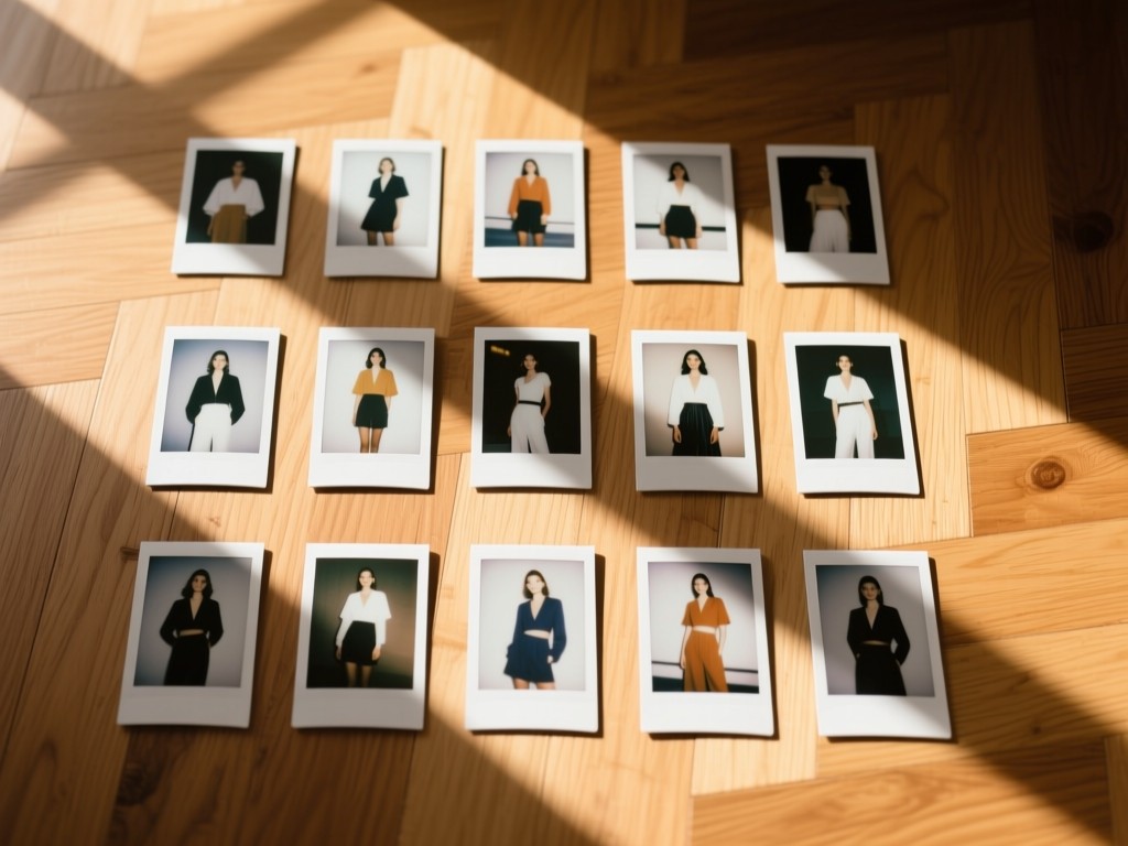 A neatly arranged grid of polaroid photos on a sunlit wooden floor. Each photo shows different fashion styles. Soft shadows create natural patterns. No people.