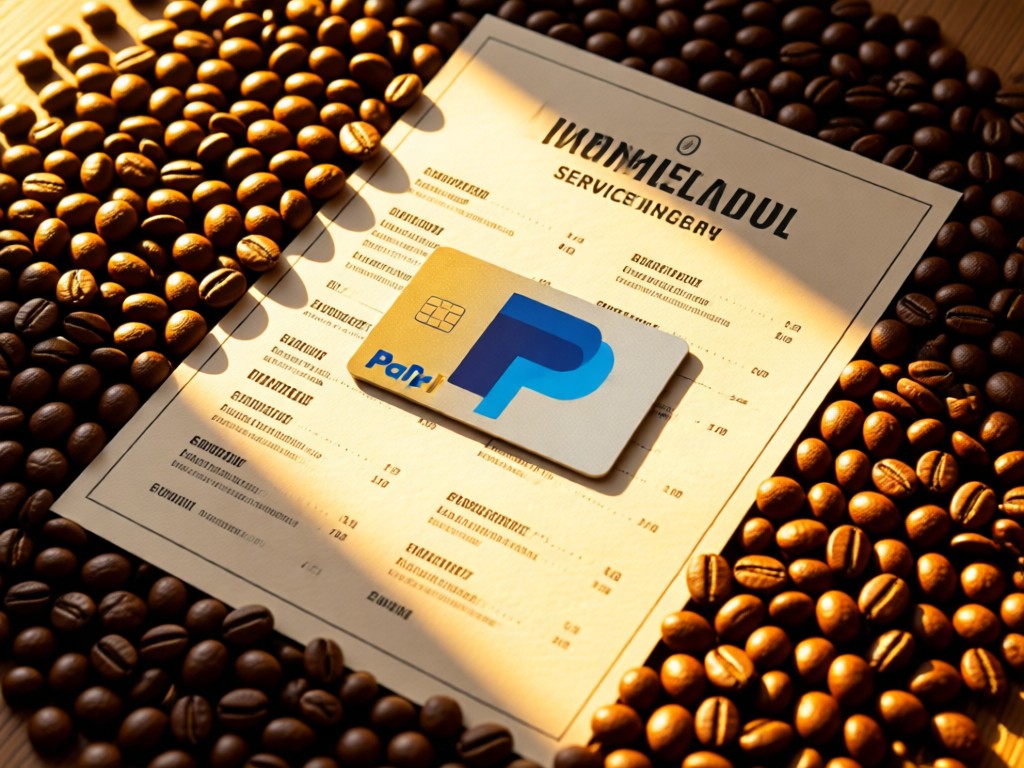 Aerial shot of a PayPal card placed on a service menu printout amid coffee beans. Golden sunlight highlights textures. Symbolizes commerce simplicity. No people.