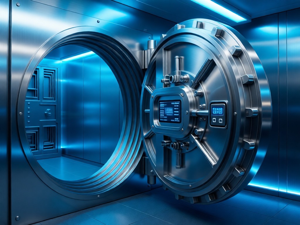 A steel vault door slightly ajar, revealing digital lock mechanisms. Soft blue security lighting creates modern, trustworthy atmosphere. No people or identifiable details.