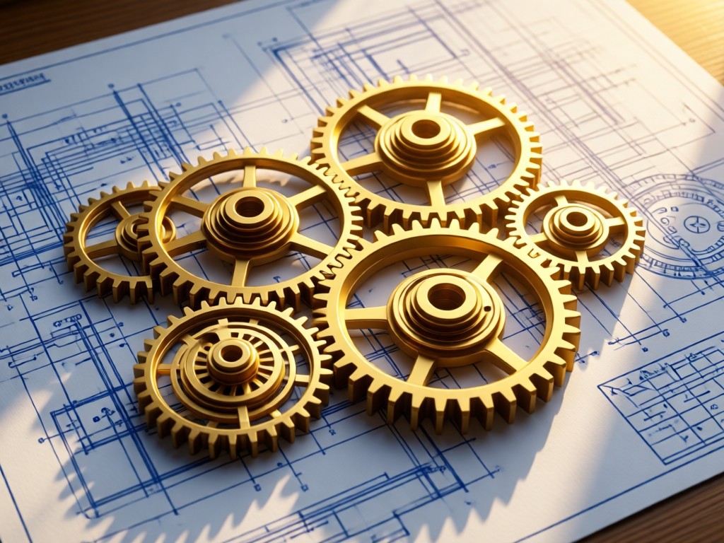 An aerial shot of precision-engineered gears interlocking on a blueprint. Golden sunlight emphasizes the intricate connections. Symbolizes technical harmony and solutions. No people.