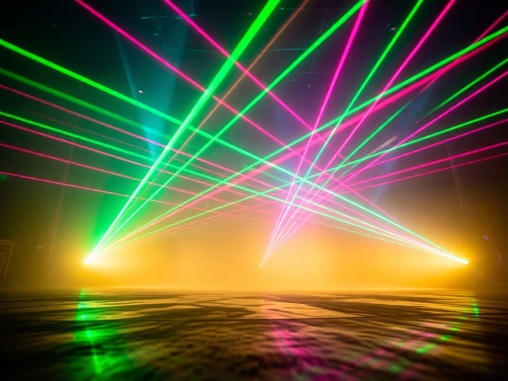 Geometric laser projections on a fog-filled dance floor. Beams intersect in vibrant greens and pinks. Shot from ground level with golden haze. No people.