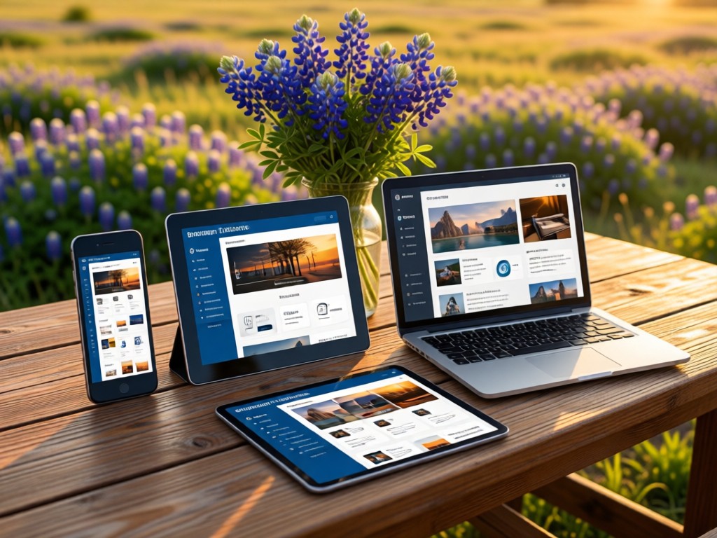 Three devices (phone, tablet, laptop) displaying portfolio templates on a rustic Texas wood table. Bluebonnets in a vase catch golden hour light.