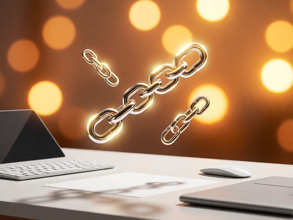Stylized shot of linking chain icons hovering over a minimalist desk setup. Warm bokeh light in background. Clean composition. No people.