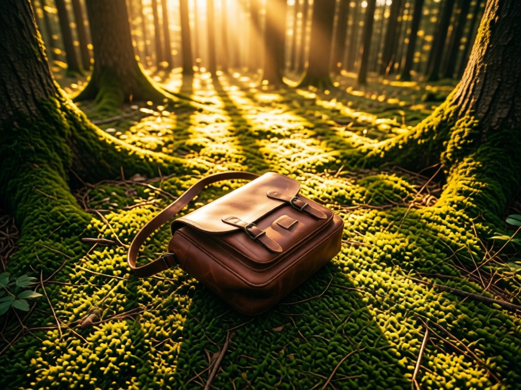 Aerial view of a single leather camera bag on mossy ground in a sun-dappled forest. Represents having essential tools in one place. Golden hour light filtering through trees. No people.