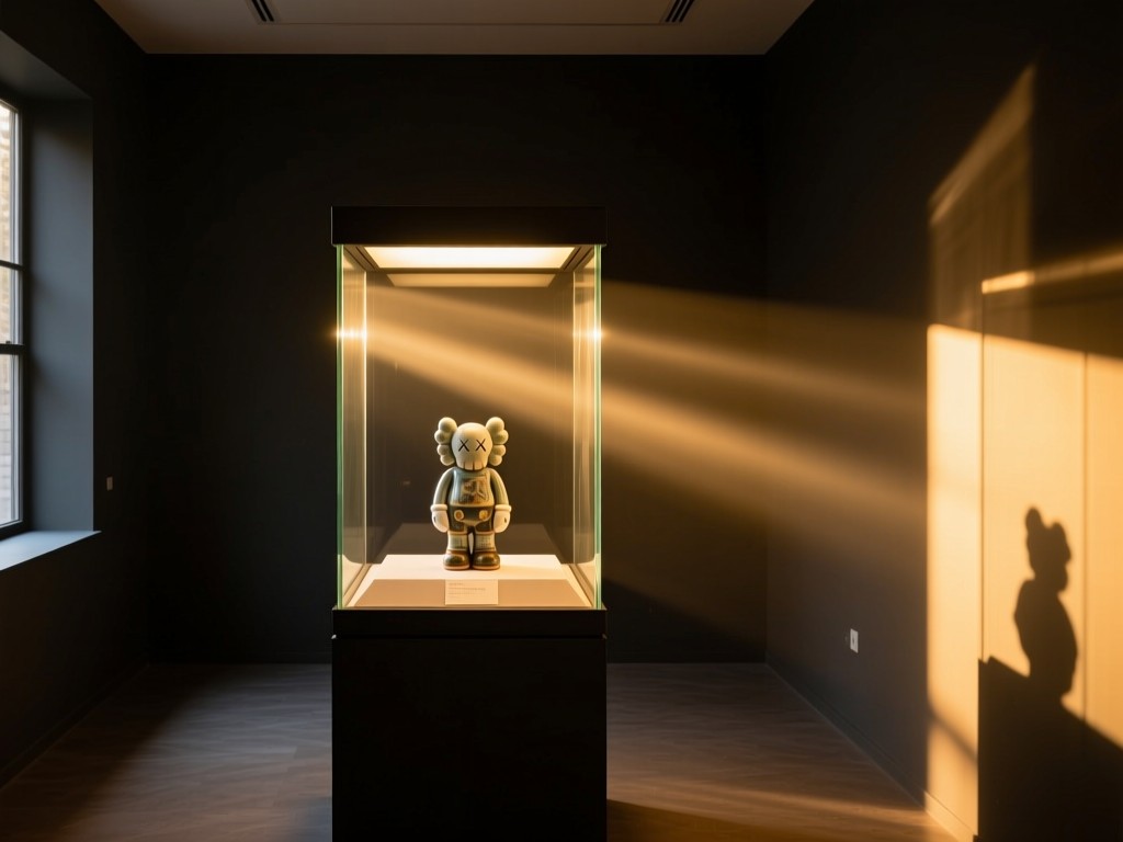 A single illuminated glass display case in an otherwise dark room during golden hour, showcasing a rare ceramic figurine, dramatic light beams, minimalist composition, no people.