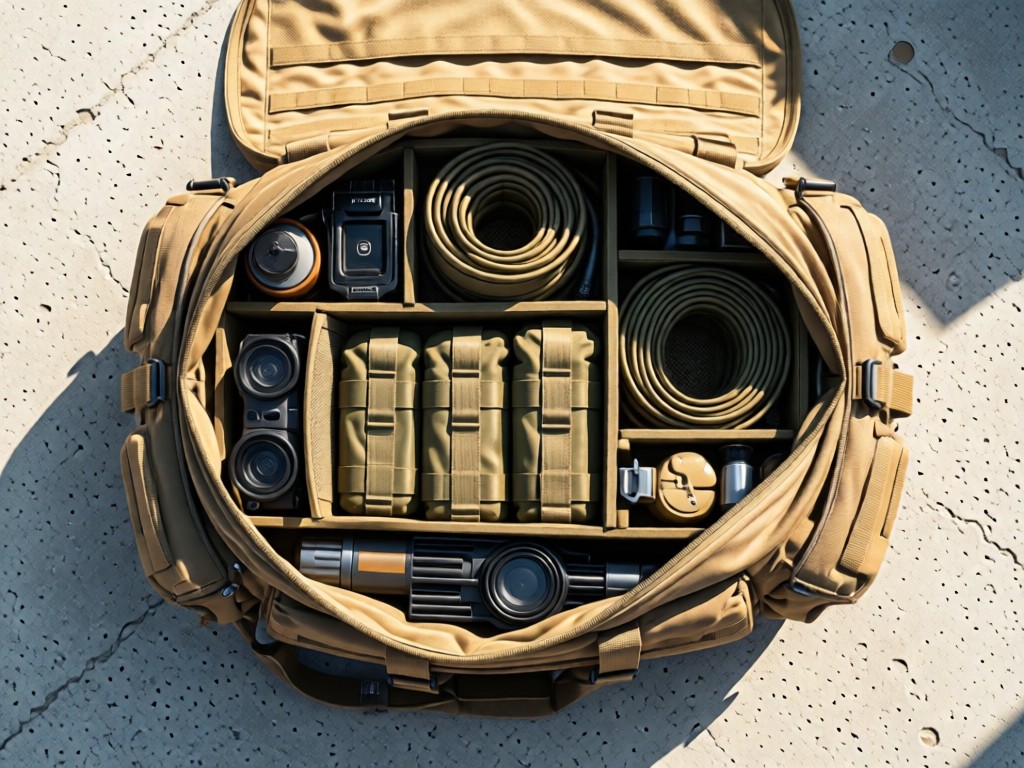 Aerial view of open tactical bag on concrete, gear neatly organized. Represents readiness and professionalism. Natural light with soft shadows. No people.