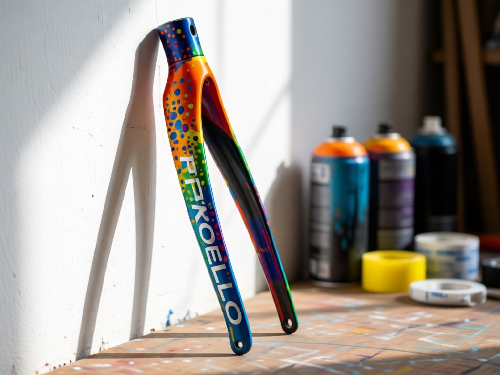 A vibrant Pinarello fork leaning against a white wall. Soft shadows highlight custom paint flecks. Blurred spray cans and masking tape in background. Artistic workshop vibe. No people.