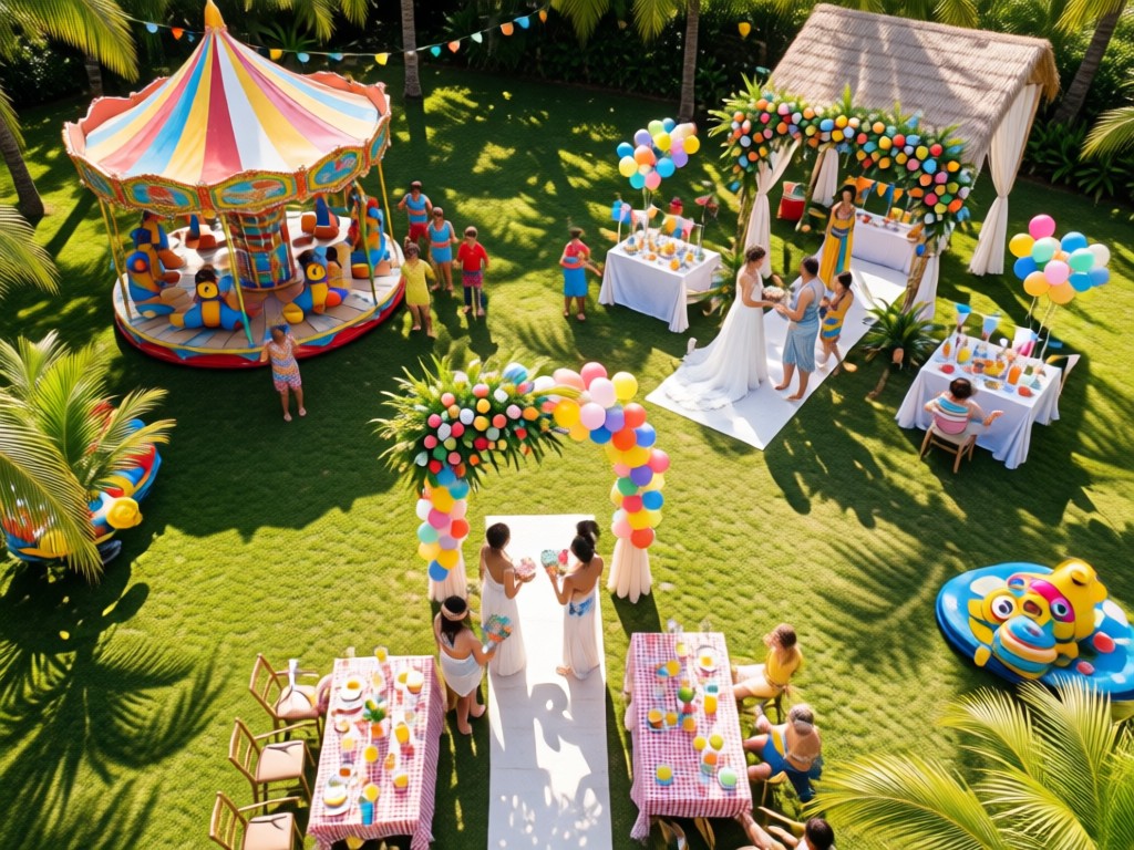 Overhead shot of three distinct party setups: kids' carnival, elegant wedding, tropical luau. Natural light highlights textures. Soft shadows. No people.