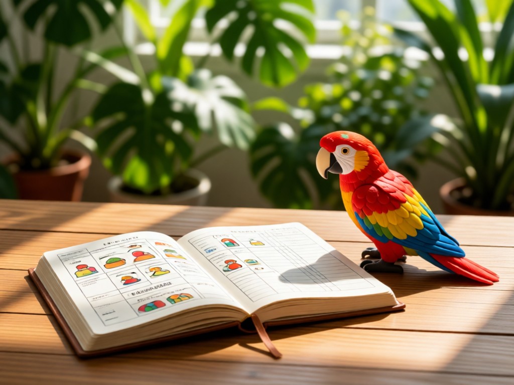 A neatly organized breeding logbook beside a colorful parrot toy on a sunlit wooden table. Soft focus on lush plants in background.
