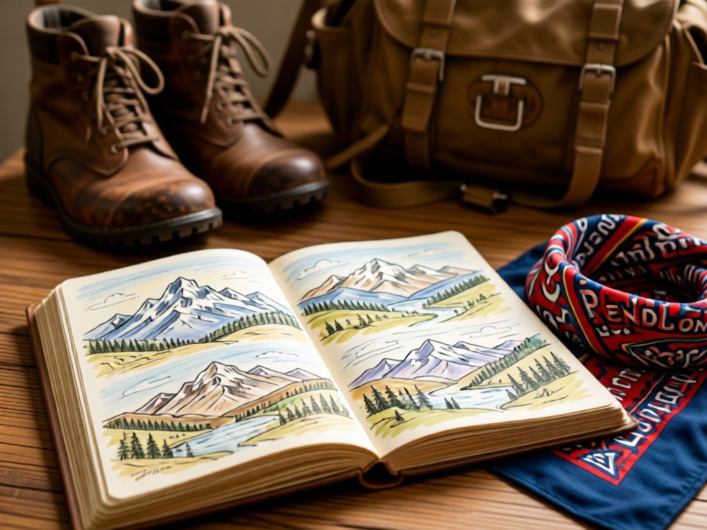 An open journal showing sketches of mountain landscapes beside a Pendleton bandana. Soft focus on vintage hiking gear in background. No people.