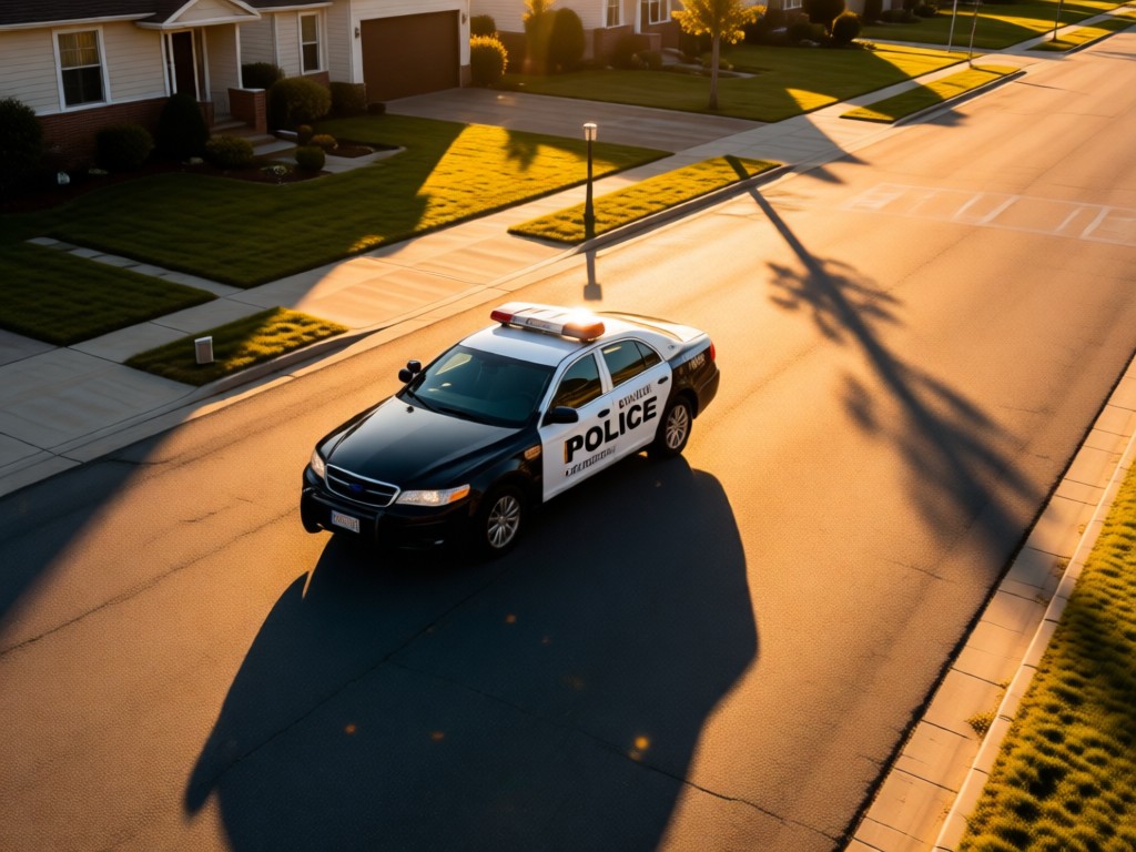 An aerial view of a police patrol car parked on a quiet suburban street at golden hour. The vehicle is clean and well-maintained, symbolizing reliability. Long shadows and warm light create calm. No people.