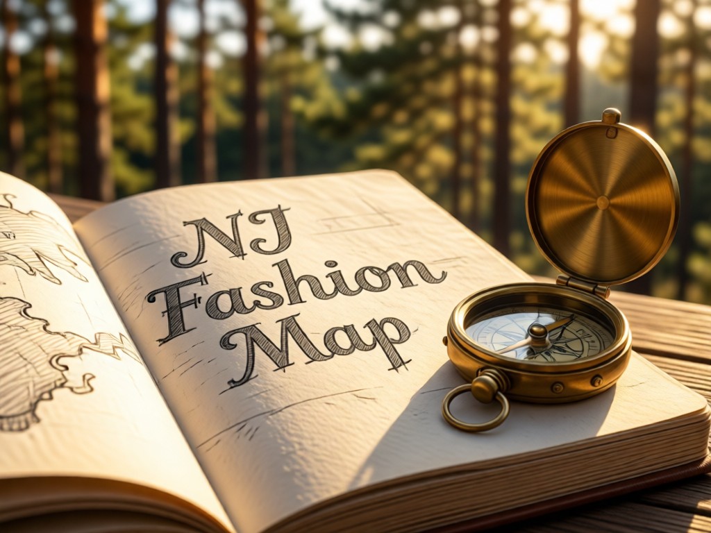 An open notebook with 'NJ Fashion Map' sketched beside a vintage compass. Warm sunlight highlights pencil textures and brass details. Blurred pine trees in background. No people.