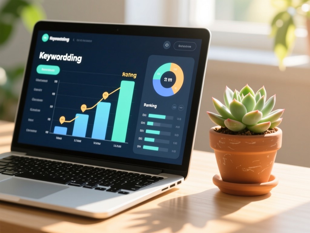 Laptop displaying animated keyword ranking charts beside a potted succulent. Sunlight creates warm highlights on the screen. Clean, tech-meets-nature aesthetic. No people.