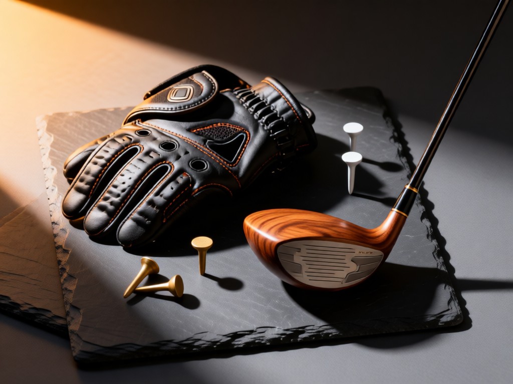 Stylish arrangement of golf gloves, tees, and a wood driver on slate grey. Warm side lighting creates dramatic shadows and texture. No people or logos.