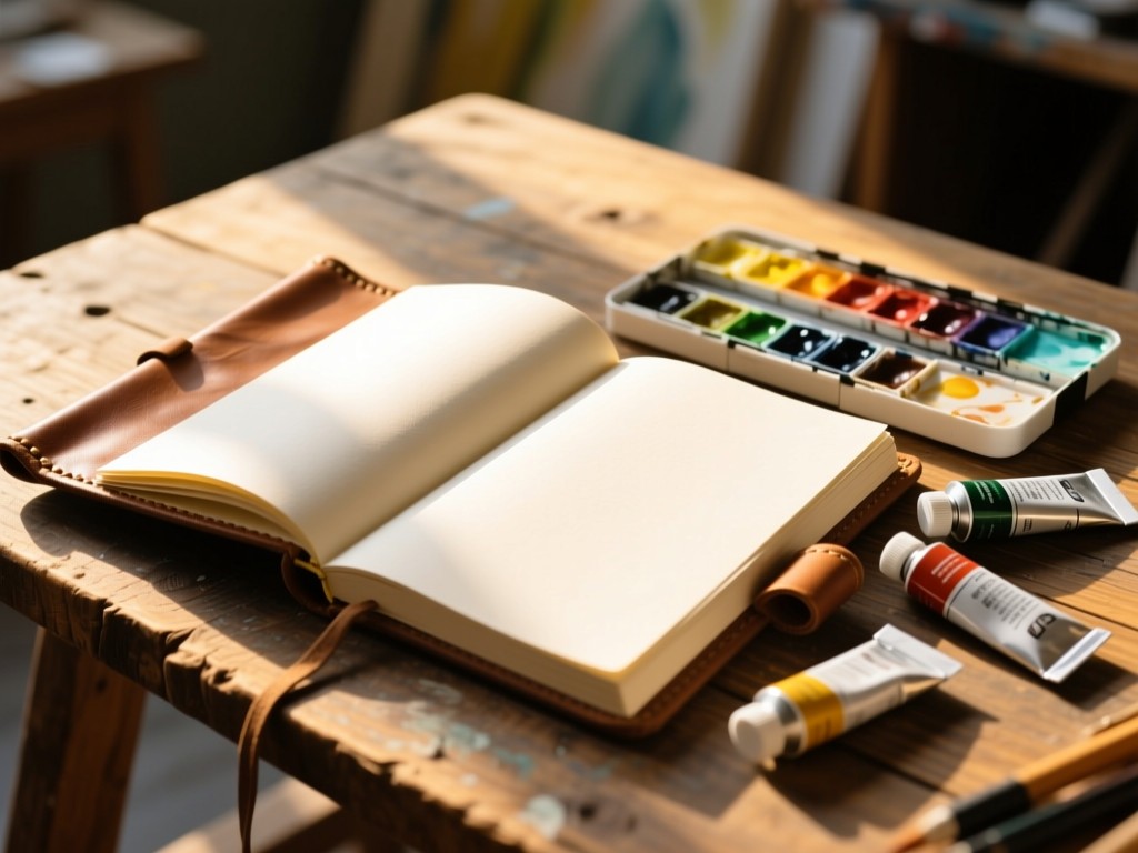 An open leather-bound sketchbook beside watercolor tubes on a rustic wooden table, afternoon sun illuminating blank pages, shallow depth of field, golden highlights, art studio ambiance, no text.