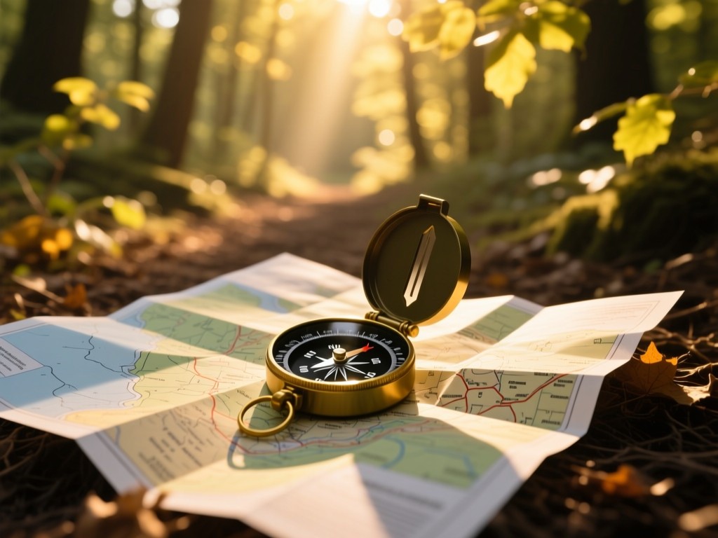 Compass resting on a trail map in a sun-dappled forest, golden light filtering through leaves, symbolizing discovery and guidance, soft shadows, natural color palette, no text.