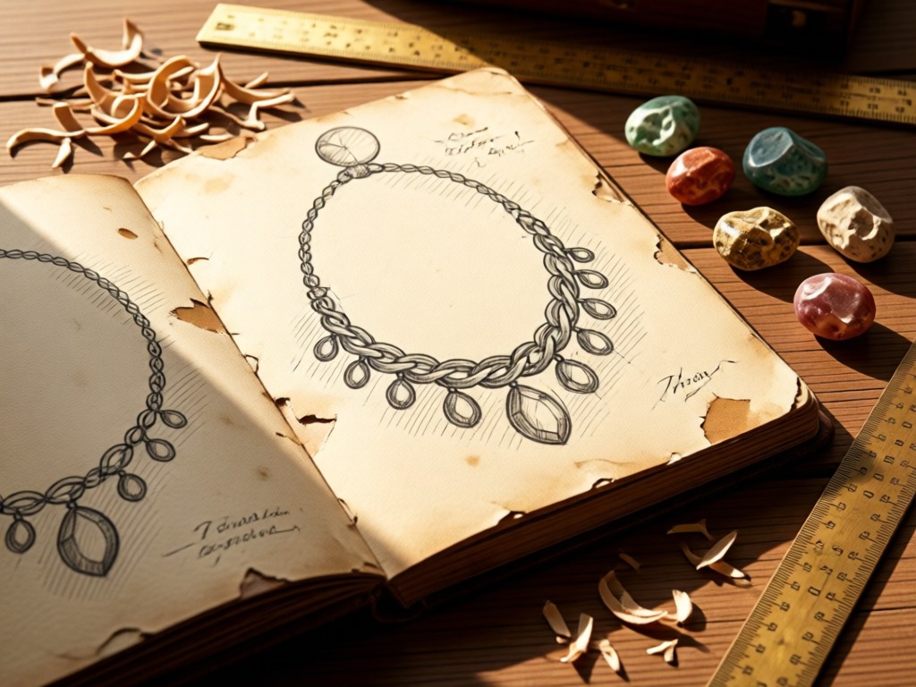 A weathered sketchbook open to hand-drawn necklace designs beside raw gemstones. Morning light illuminates pencil shavings and a brass ruler. Earthy tones with warm shadows. No people.