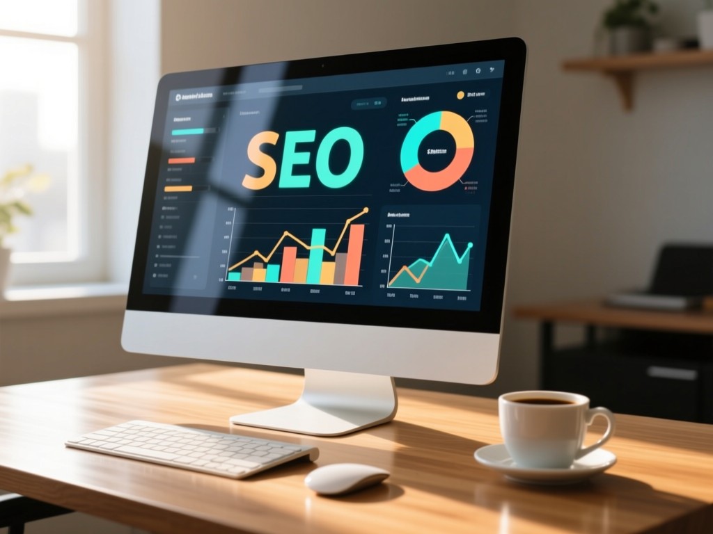 A sleek monitor showing animated SEO analytics charts on a wooden desk. Morning light creates soft reflections. A coffee cup sits beside it. Clean and focused. No people.