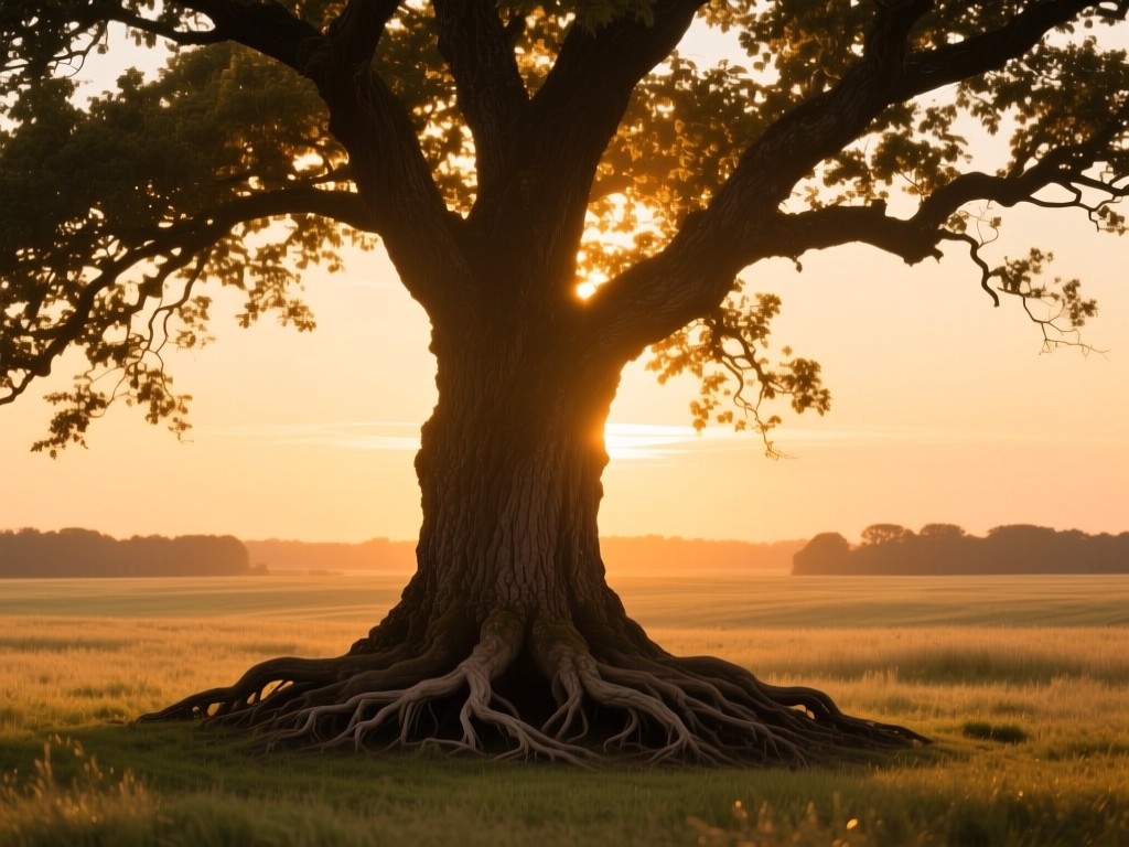A sturdy oak tree in golden hour light, deep roots symbolizing legal foundations and branches representing expertise growth, warm sunset glow over open field, minimalist natural composition.