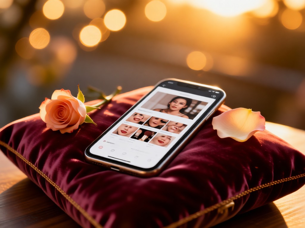 A smartphone displaying a makeup portfolio, resting on a velvet cushion beside a single rose petal. Soft focus background with bokeh lights. Golden hour lighting. No people.