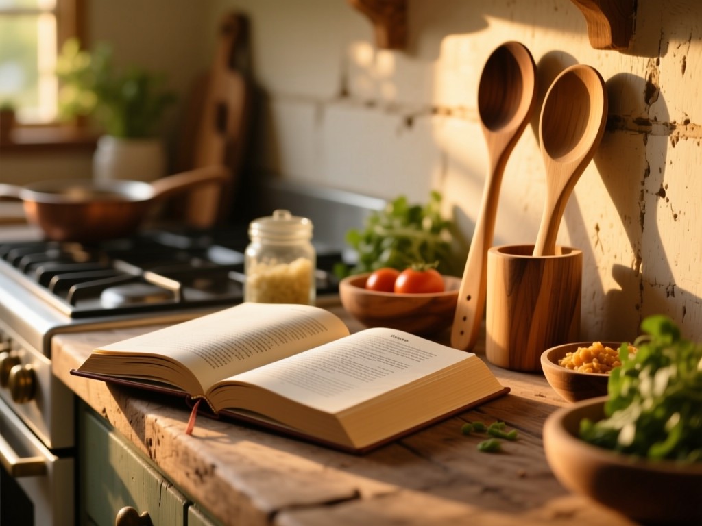 Open recipe book beside wooden spoons on a rustic kitchen counter during golden hour, soft sunlight highlighting ingredients, shallow depth of field, warm natural tones