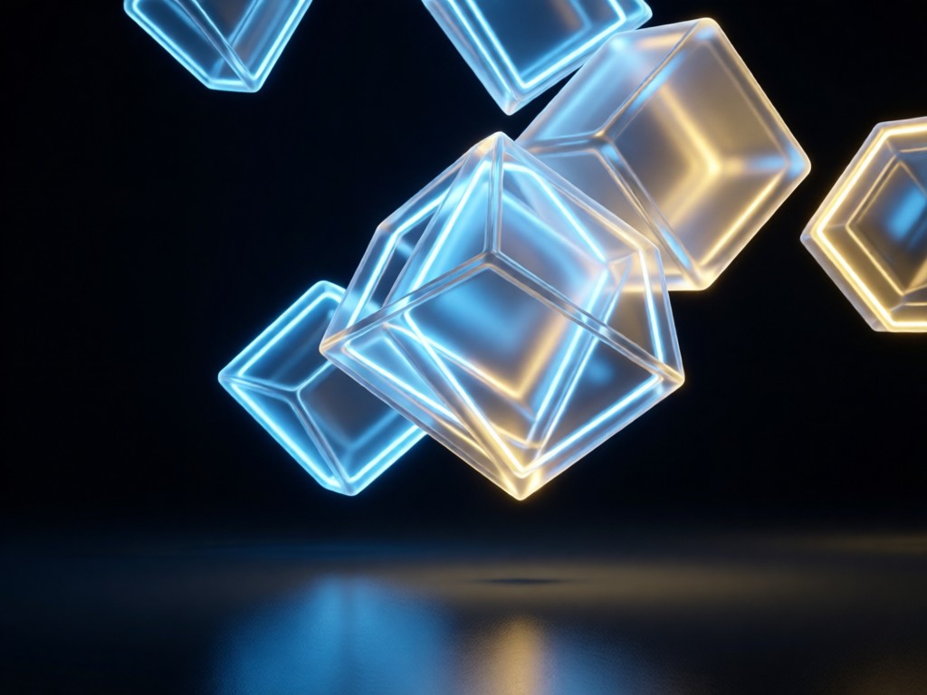 Glowing geometric shapes floating above a matte black surface. Soft blue and gold light interacts with translucent forms. Clean negative space dominates the frame.