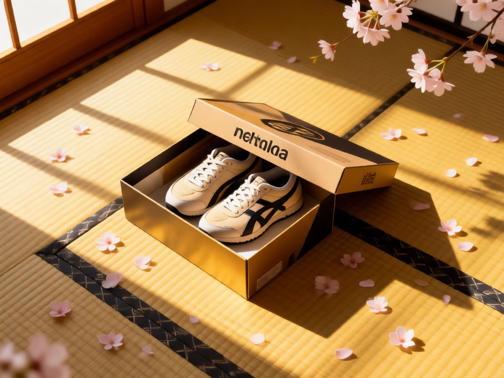 Aerial view of Onitsuka shoebox open on tatami mat. Cherry blossom petals scattered around. Golden light creates soft shadows. Symbolizes Japanese heritage meeting modern design. No people.