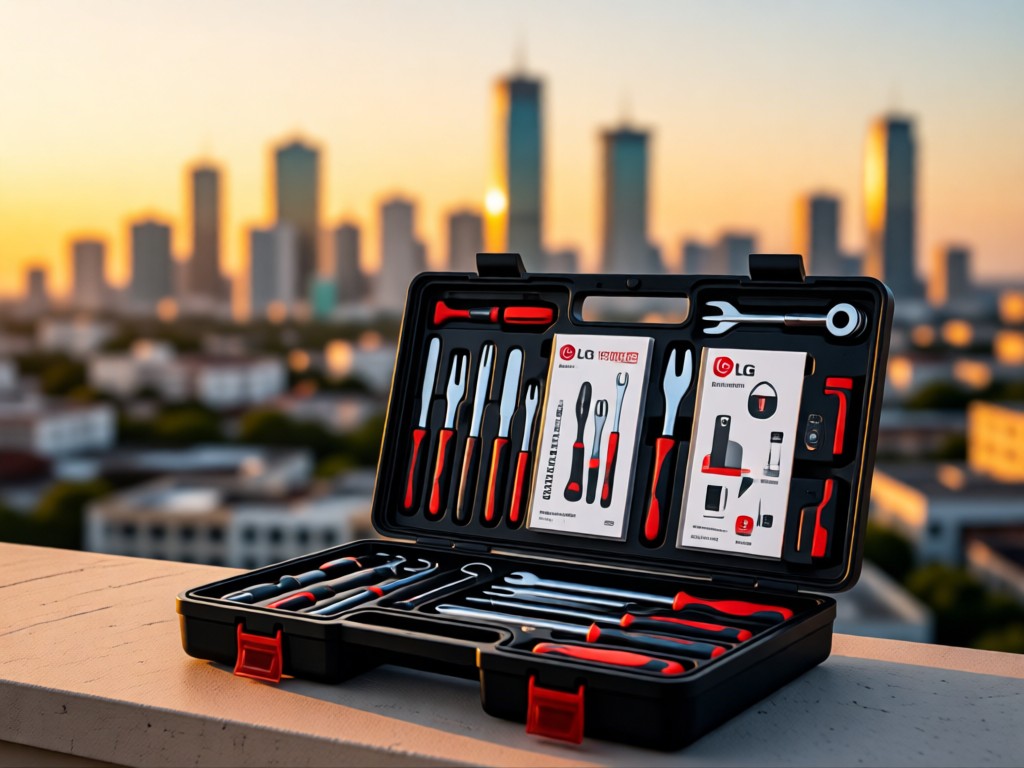 An organized toolkit with LG-branded manuals against a Lagos cityscape background. Soft focus on tools, sharp skyline. Golden hour lighting. No people.