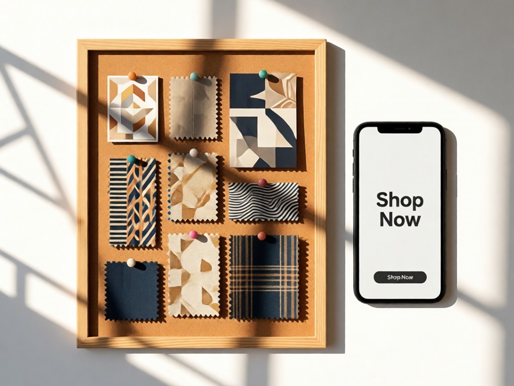 Stylish fabric swatches pinned to a corkboard beside a smartphone displaying a 'Shop Now' button. Morning light creates warm geometric shadows on white backdrop.
