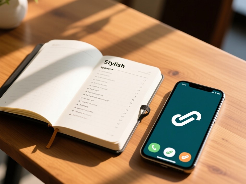 Stylish notebook open to sponsor list beside a phone displaying clean link icons. Warm daylight on a wooden table. No people.