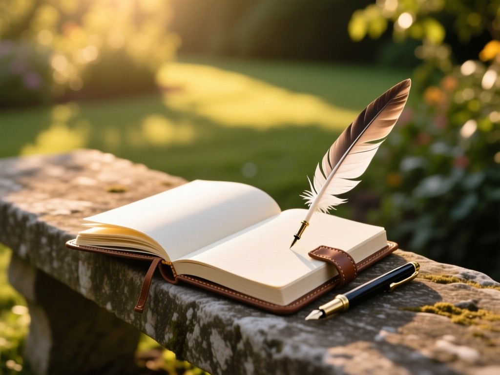 Open leather-bound journal with blank pages beside a quill pen on a stone bench in a sunlit garden, shallow focus, warm golden-hour lighting, symbolic of storytelling.
