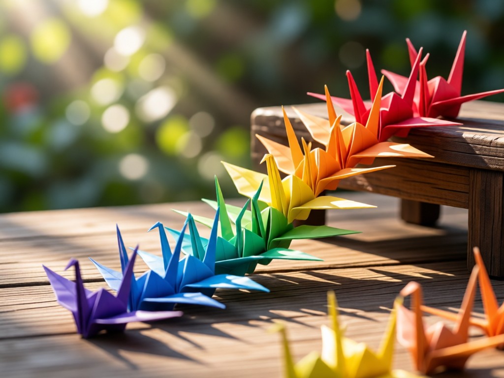 A neatly arranged collection of origami cranes in gradient colors. They cascade diagonally across a rustic table, each fold highlighted by directional sunlight. Soft bokeh background. No people.