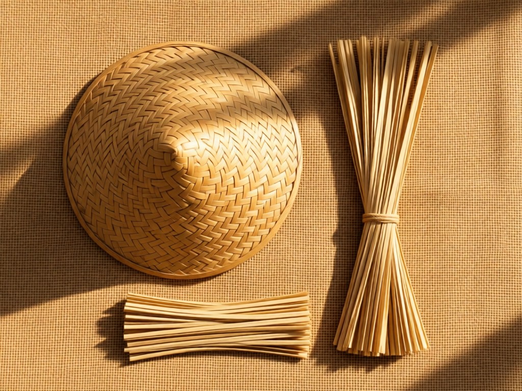 Flat lay of indigenous Filipino crafts like a salakot hat and abaca fibers on natural jute. Soft shadows from afternoon sun. Earthy tones. No people.