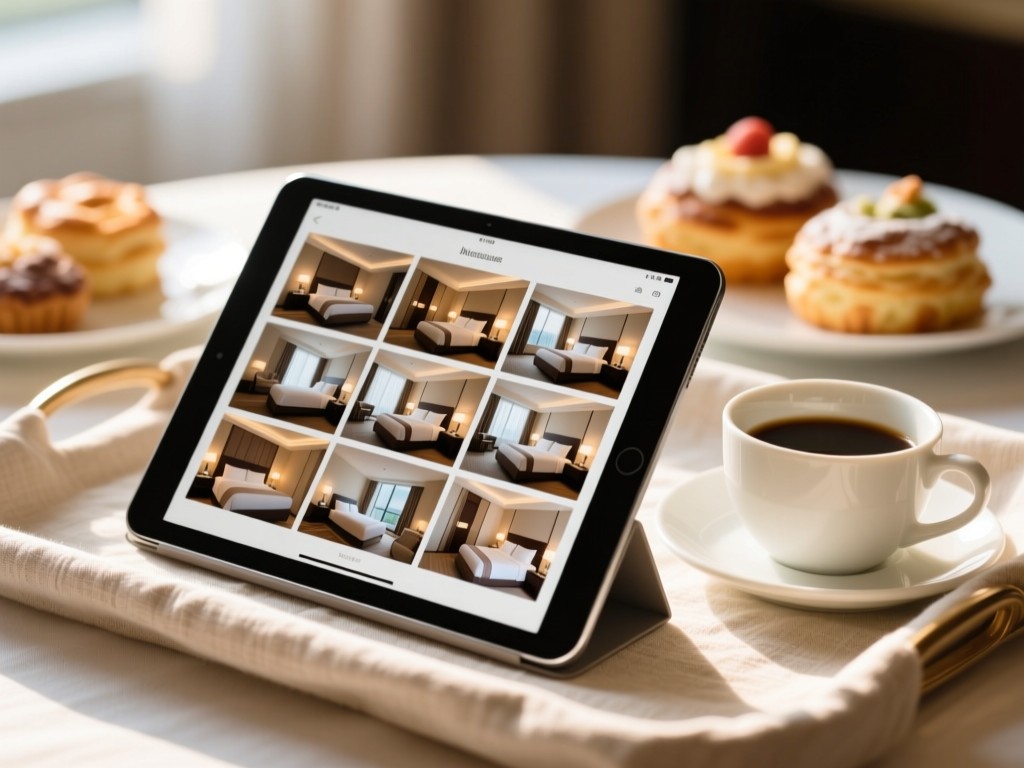 A sleek tablet displaying a grid of high-end hotel room photos on a linen-covered breakfast tray. Morning light illuminates a coffee cup beside it. Soft focus on artisanal pastries in background.