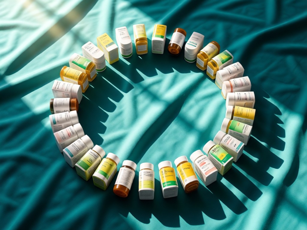 Aerial view of neatly arranged OTC products forming a circle on teal fabric. Soft directional sunlight creates gentle shadows, symbolizing organization and completeness. No people.