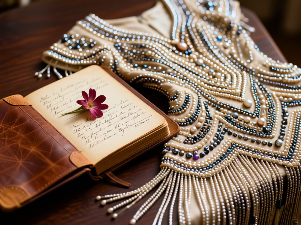 An open vintage leather journal beside a 1920s beaded flapper dress. The journal shows handwritten notes and a pressed flower. Soft focus highlights the dress's intricate beadwork. No people.