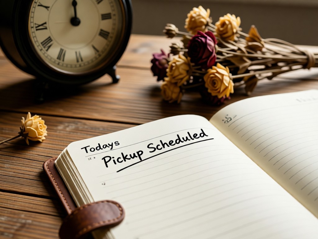 An open planner on a rustic desk with 'Pickup Scheduled' handwritten on today's date. A vintage clock and dried flowers in the background. Soft focus. No people.