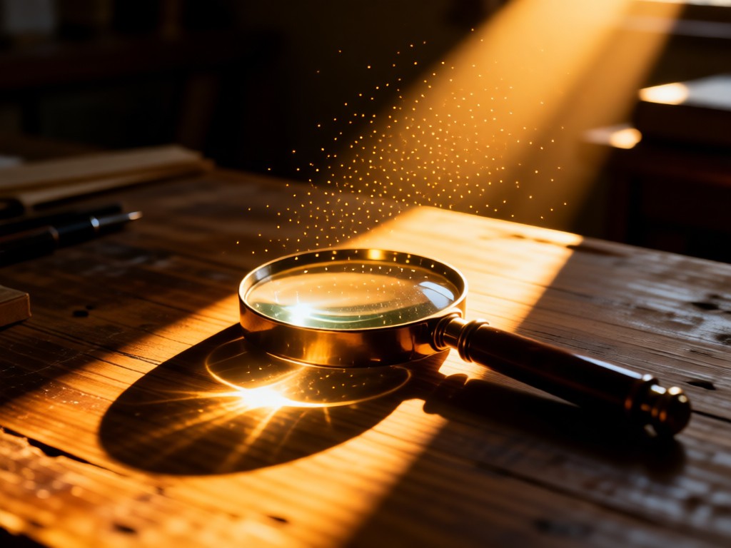 A single sunbeam illuminating a vintage magnifying glass on a wooden worktable. Dust motes dance in the light. Deep shadows surround the focused beam. Golden hour warmth. No people.