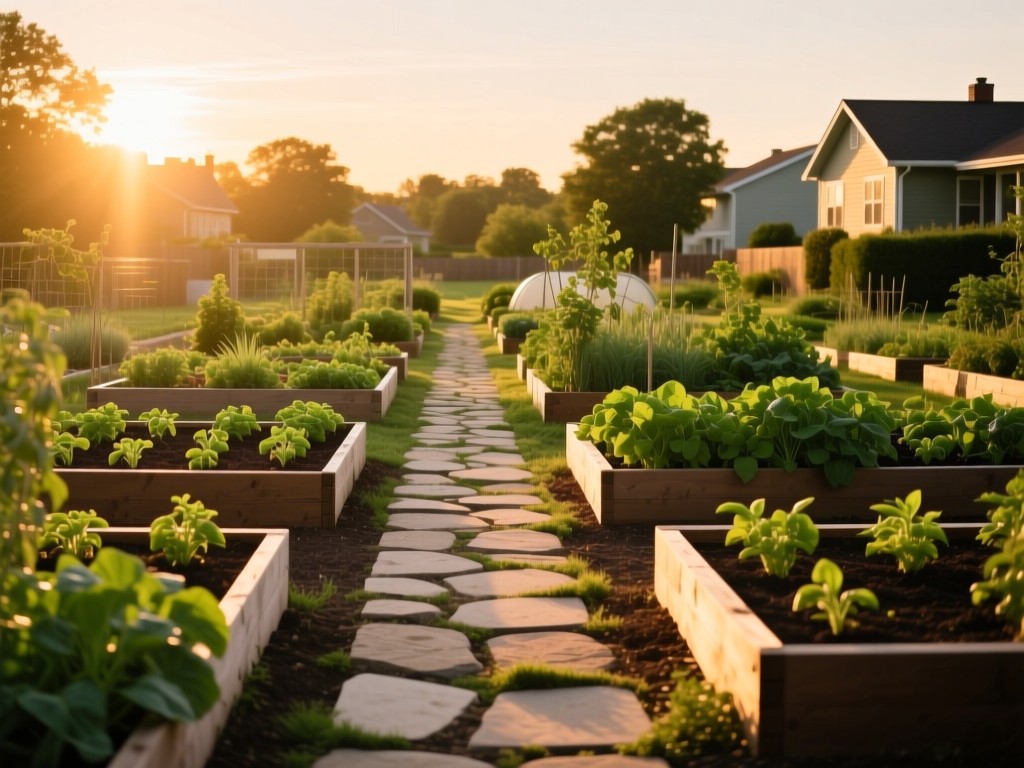 Stone pathway leading through a community garden at golden hour, symbolic of growth and connection, soft sunlight illuminating planting beds, vibrant greens and warm earth tones, no people.