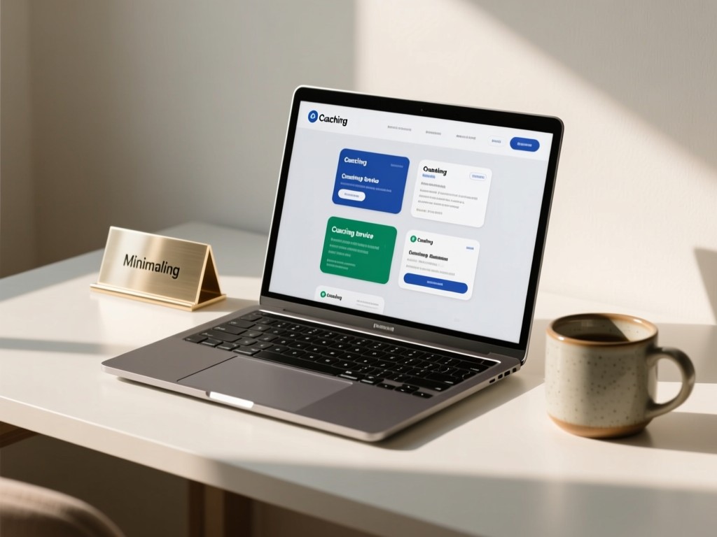 Minimalist desk with open laptop showing coaching service cards. Natural light highlights a polished nameplate and ceramic mug. Soft shadows. No people.