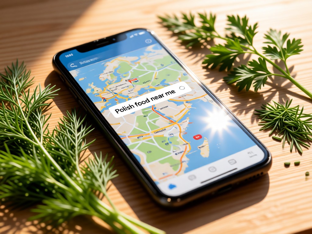 A smartphone displaying a map with 'Polish food near me' search results, surrounded by fresh dill and caraway seeds. Sunlight creates highlights on the screen. Simple wooden background with shallow depth of field.