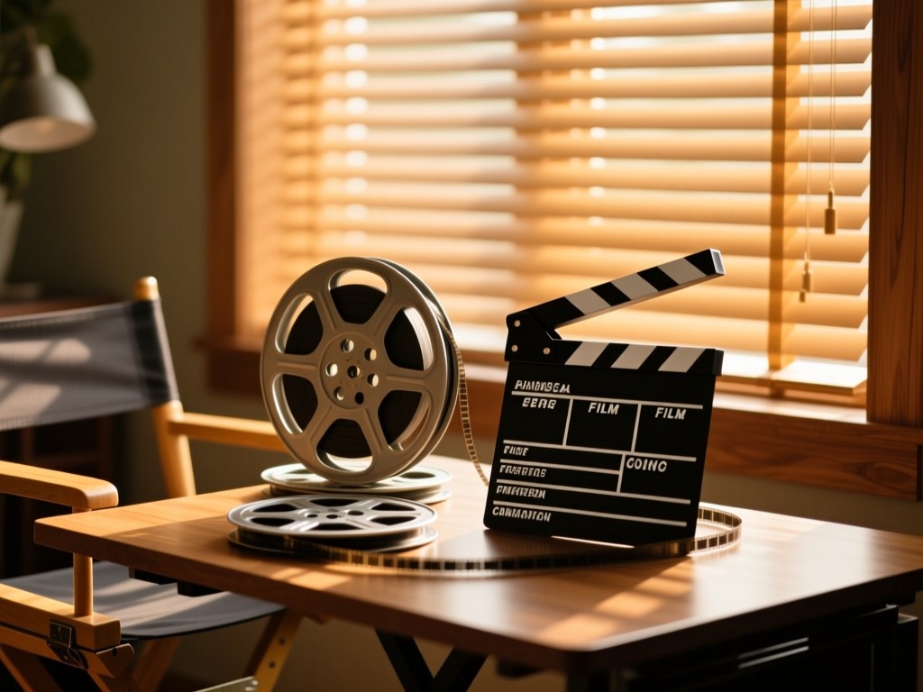 Film reels and a clapperboard arranged on a director's table during golden hour, soft sunlight through window blinds, warm wood tones, shallow focus, no text.