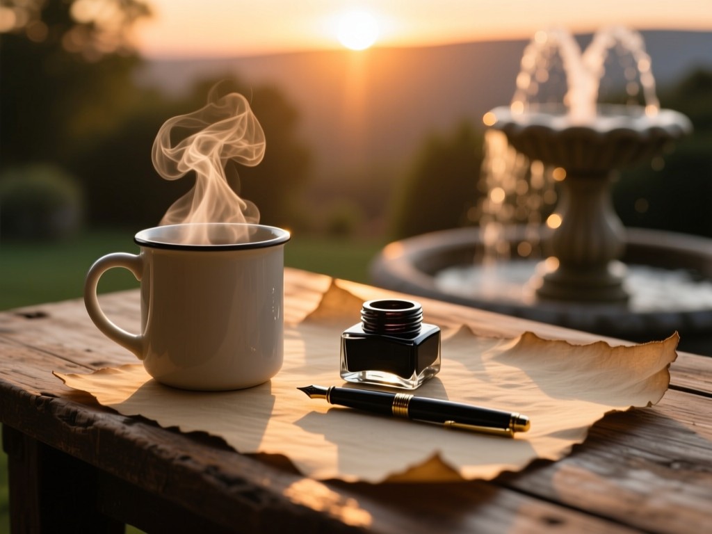 A steaming mug beside a fountain pen and inkwell on a rustic desk during sunset, warm light casting long shadows, parchment texture visible, minimalist composition.