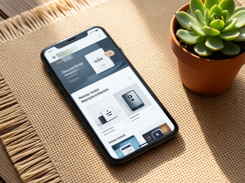A sleek smartphone displaying a clean product page, resting on woven textile beside a small potted succulent. Natural light highlights the screen clarity. No people.