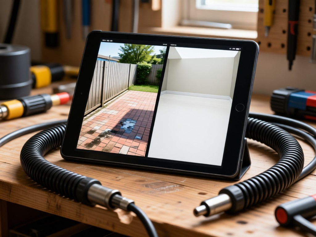 Split-screen display on a tablet showing a dirty patio versus spotless results. The tablet rests on a workbench with coiled pressure washer hose. Soft natural lighting. No people.
