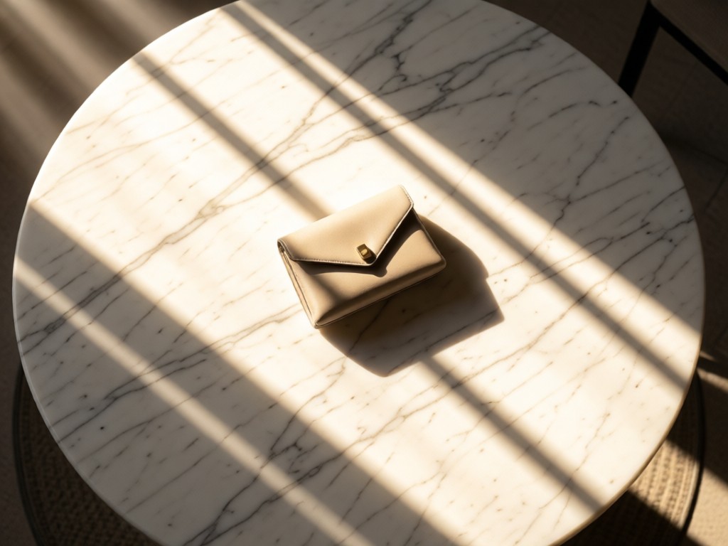 An aerial view of a single statement clutch placed at the center of a sunlit circular marble table. The composition radiates outward with minimalist elegance, symbolizing focus and premium presentation. Long morning shadows stretch across the surface. No people.