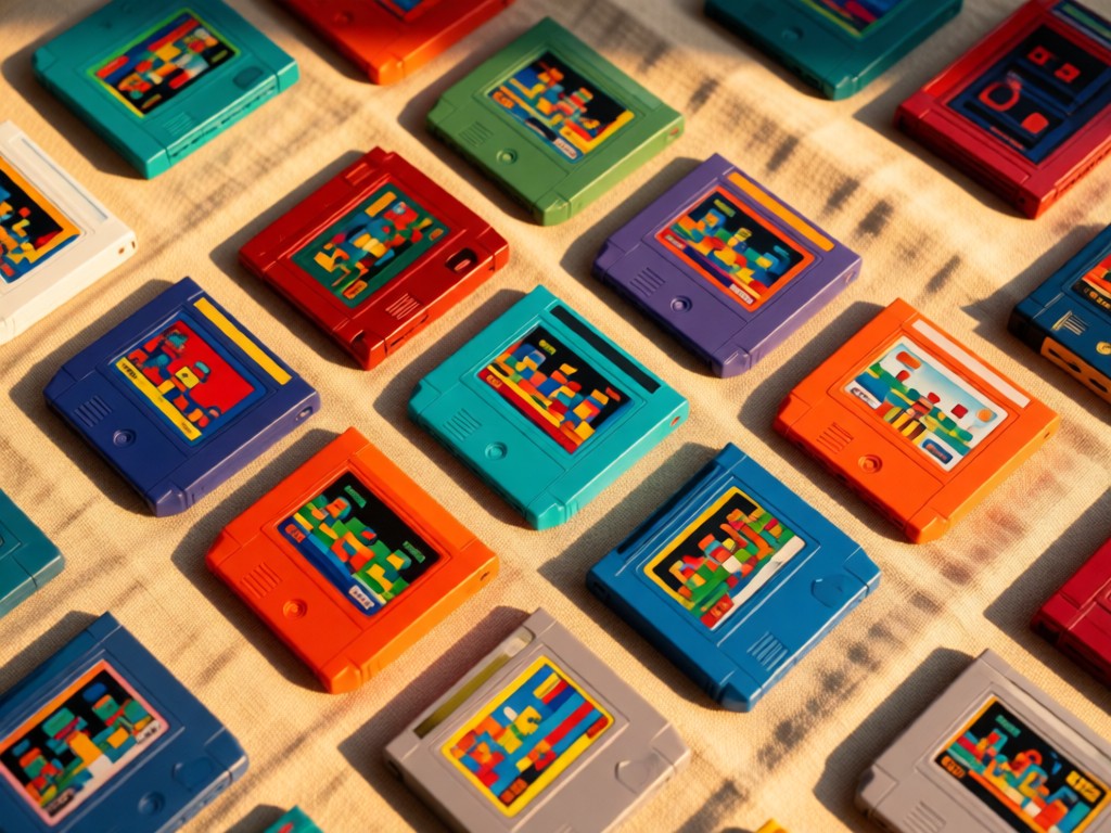 Flat lay of vintage Nintendo cartridges arranged in geometric patterns on a beige linen surface. Golden hour light creates soft shadows. Vibrant but balanced colors. No people.