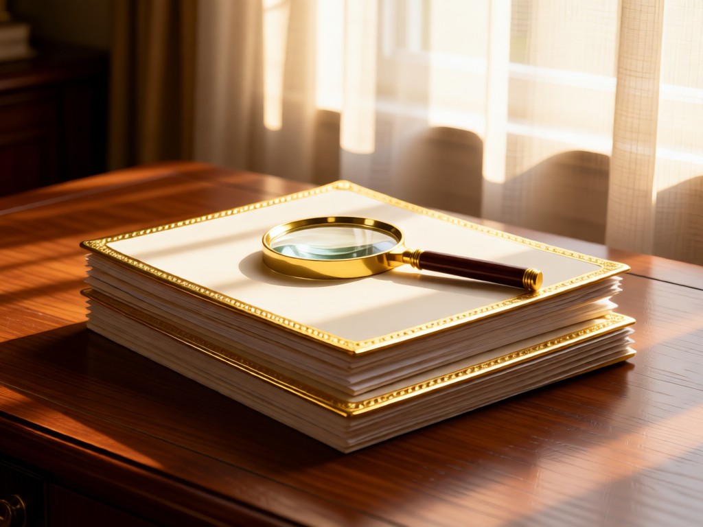 Neatly stacked documents with gold-trimmed edges on a wooden desk. A magnifying glass rests atop, bathed in soft afternoon light through sheer curtains. No people.